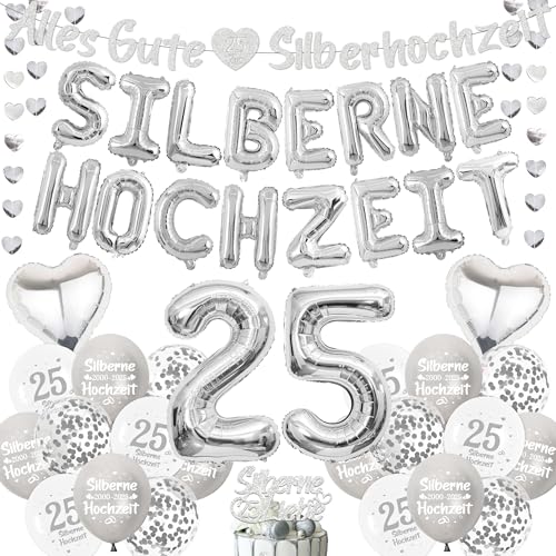 Silberhochzeit Deko Luftballons Girlande Set - Silber Hochzeitstag Folienballon Banner und Tortendeko, Garlande Zahl Ballons zum 25. Jubiläum Silberne Hochzeit Party Dekoration von Xietaea