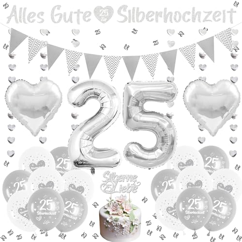 Xietaea Silberhochzeit Deko Silber Luftballons - 40 Stück 25 Jubiläum Silberhochzeit Dekoration Set mit Silberhochzeit Banner, Zahl 25 Luftballon, Innen Außen 25 Hochzeitstag Dekoration von Xietaea