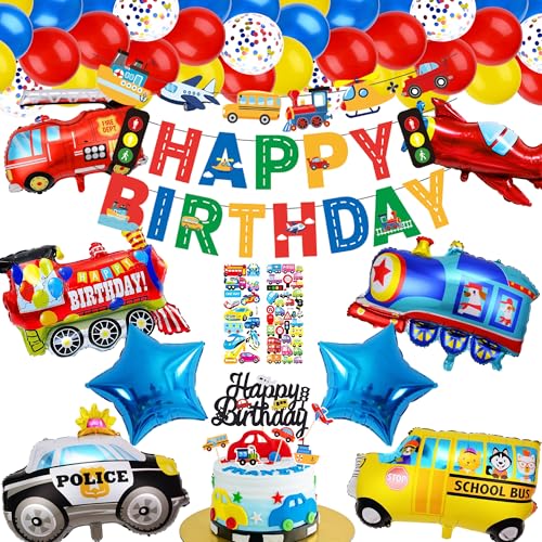 Xietaea Verkehr Geburtstag Deko - Auto Geburtstagsdeko Kinder Junge, Flugzeug Feuerwehrauto Zug Polizeiauto Schulbus Car Luftballons, Happy Birthday Banner Tortendeko Aufkleber, Transport Party Deko von Xietaea