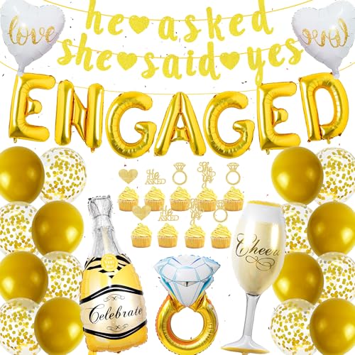 Verlobung Deko Gold Engaged Luftballons - Verlobungs Dekoration Party Set He Asked She Said Yes Banner Folienballon Mit Diamantring Verlobung Storten Dekoration Latexballon von Xietaea