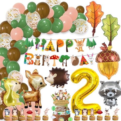 Waldtiere 2 Geburtstag Deko Mädchen Junge - Dschungel Geburtstagsdeko Happy Birthday Girlande Tiere Luftballons, Safari Tortendeko und Folienballon für 2. Kindergeburtstag Dekoration von Xietaea