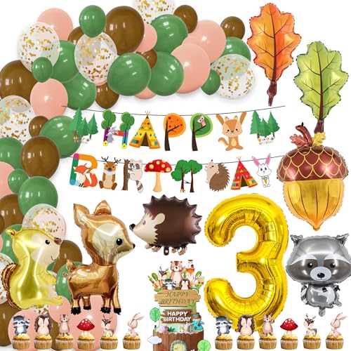 Waldtiere 3 Geburtstag Deko Mädchen Junge - Dschungel Geburtstagsdeko Happy Birthday Girlande Tiere Luftballons, Safari Tortendeko und Folienballon für 3. Kindergeburtstag Dekoration von Xietaea