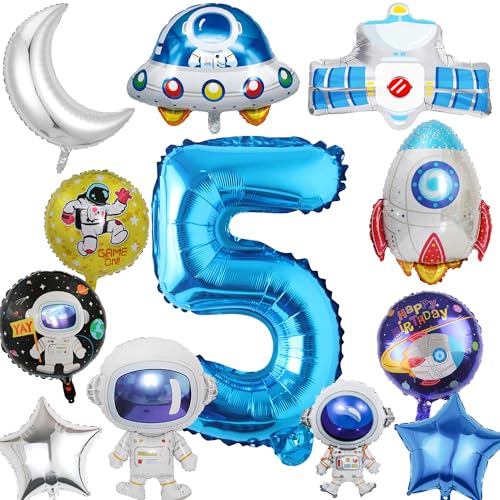 Weltraum Kindergeburtstag Deko Luftballons 5 Jahre - 12 Stück Geburtstag Ballons Kit Astronaut Rakete UFO Folienballons, Blau Geburtstags Party Dekoration für Junge Mädchen von Xietaea