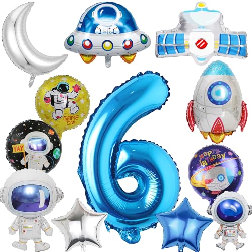 Weltraum Kindergeburtstag Deko Luftballons 6 Jahre - 12 Stück Geburtstag Ballons Kit Astronaut Rakete UFO Folienballons, Blau Geburtstags Party Dekoration für Junge Mädchen von Xietaea