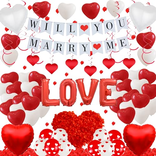 Will You Marry Me Deko - Romantische Heiratsantrag Dekoration Girlande Rot Weiß Ballons und Rosenblätter, Herz Luftballons Folienballons zum Valentinstag Verlobung Dekorationen von Xietaea