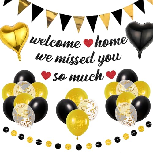 Willkommen Zuhause Deko Schwarz Gold - Welcome Home Dekoration mit Bunt Luftballons Wimpeln und We Missed You Girlande, Herzlich Willkommen Dekor für Familie Partei Babyparty von Xietaea