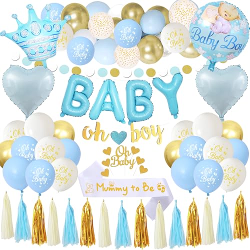 Xietaea Babyparty Balloon Deko Junge - 56 Stück Baby Shower Deko Set mit Oh Boy Banner, Mummy to Be Schärpe, weiß Blau Luftballon Girlande, Luftballons Dekoration Babyparty Junge von Xietaea