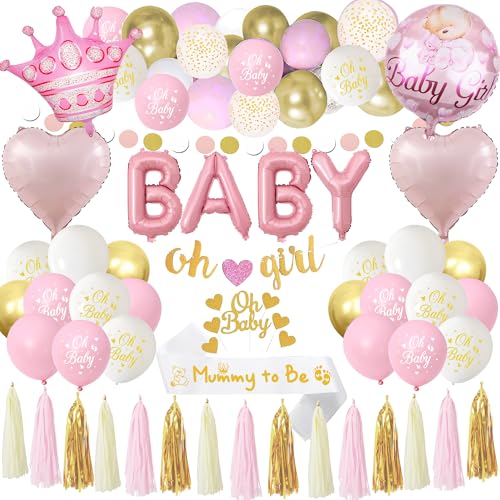 Xietaea Babyparty Balloon Deko Mädchen - 56 Stück Baby Shower Deko Set mit Oh Girl Banner, Mummy to Be Schärpe, weiß Rosa Luftballon Girlande, Luftballons Dekoration Babyparty Mädchen von Xietaea