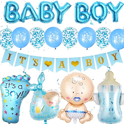 Xietaea Babyparty Deko Junge Blau - 30 Stück Baby Shower Deko mit Its A Boy Banner Baby Boy Luftballons Konfetti Ballons, Babydusche Gender Reveal Party Neugeborenen Willkommen Party Dekoration von Xietaea