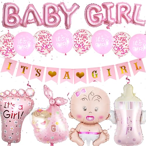 Xietaea Babyparty Deko Mädchen Rosa - 31 Stück Baby Shower Deko mit Its A Girl Banner Baby Girl Luftballons Konfetti Ballons, Babydusche Gender Reveal Party Neugeborenen Willkommen Party Dekoration von Xietaea