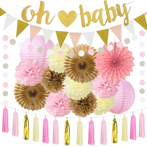 Xietaea Babyparty Deko für Junge Mädchen - Rosa Baby Shower Dekoration mit Oh Baby Girlande Wimpel, Papier Pompons Laternen Papierfächer für Gender Reveal Party Dekorationen von Xietaea