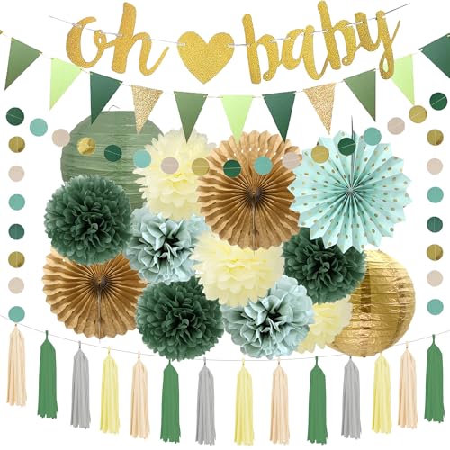 Xietaea Babyparty Deko für Junge Mädchen - Salbeigrüne Baby Shower Dekoration mit Oh Baby Girlande Wimpel, Papier Pompons Laternen Papierfächer für Gender Reveal Party Dekorationen von Xietaea