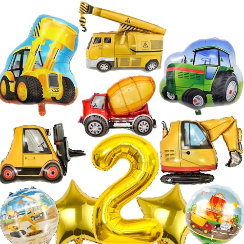 Xietaea Bagger Geburtstag Deko 2 Jahre - 11 Stück Baustelle Luftballons Traktor Bulldozer Gabelstapler Folienballons, Baufahrzeug Auto Dekoration für Kindergeburtstag Junge von Xietaea