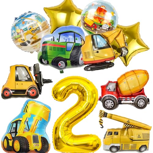 Xietaea Bagger Geburtstag Deko 2 Jahre - 11 Stück Baustelle Luftballons Traktor Bulldozer Gabelstapler Folienballons, Baufahrzeug Auto Dekoration für Kindergeburtstag Junge von Xietaea