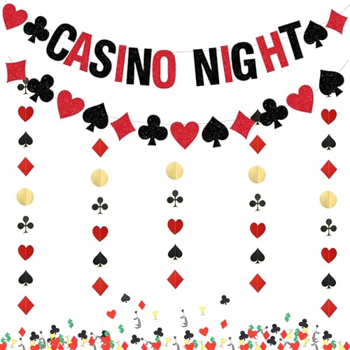 Xietaea Casino Deko Girlande Set - 27 Stück Party Dekoration mit Casino Night Banner Spielkarten Garland Poker Konfetti, Papier Las Vegas Nachtparty Geburtstag Dekorationen von Xietaea