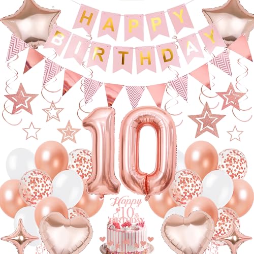 Xietaea Deko 10 Geburtstag Mädchen Rosegold - 10 Jahre Geburtstagsdeko Luftballons Happy Birthday Girlande Tortendeko, Zahl Ballons und Hängende Wirbel für 10. Geburtstagsfeier Dekoration von Xietaea