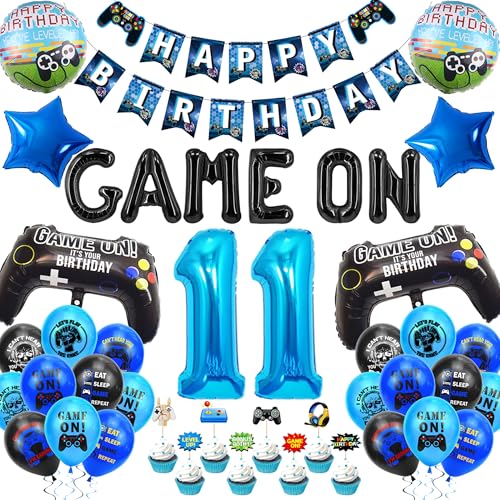 Xietaea Deko 11 Geburtstag Junge - Videospiel Geburtstagsdeko 11 Jahre Gamer Deko Geburtstag Mit Happy Birthday Girlande Banner Gamecontroller Luftballons Tortendeko Zahl 11 Folienballon Blau Schw von Xietaea