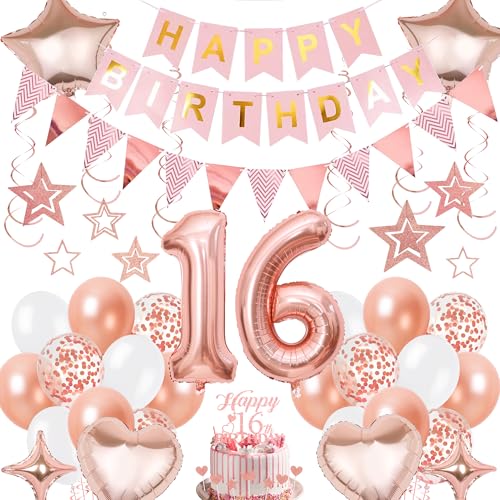 Xietaea Deko 16 Geburtstag Mädchen Rosegold - 16 Jahre Geburtstagsdeko Luftballons Happy Birthday Girlande Tortendeko, Zahl Ballons und Hängende Wirbel für 16. Geburtstagsfeier Dekoration von Xietaea