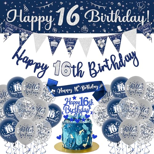 Xietaea Deko 16. Geburtstag Junge - Blau Silber 16. Geburtstag Dekoration mit Luftballons Happy Birthday Banner Schärpe Wimpel Tortendeko für Geburtstagsdeko 16 Jahre Junge Männer von Xietaea