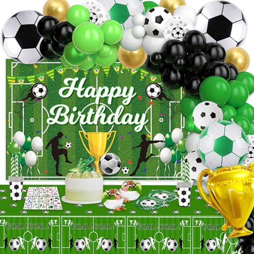 Xietaea Fussball Deko Geburtstag Kinder - Fußball Geburtstagsdeko Junge mit Happy Birthday Hintergrund, Fussball Folienballons, Grüne Luftballons Girlande, Tischdecke und Fussball Temporäre Tattoos von Xietaea