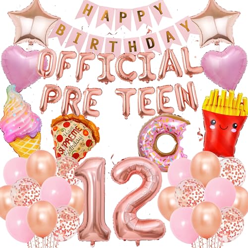 Xietaea Geburtstagsdeko 12 Jahre Mädchen - Roségold Luftballon 12 Geburtstag, Happy Birthday Banner, Offizielle Prep Teen Party Dekorationen, XXL Pizza Donuts Eiscreme Folienballons von Xietaea