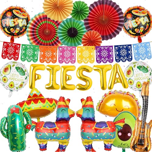 Xietaea Mexikanische Deko Mottoparty Set - Bunte Mexikanische Fiesta Dekoration mit Karneval Banner, Sombrero und Kaktus Luftballons, Papierfächer, Themen Deko für Tag der Toten und Cinco de Mayo von Xietaea