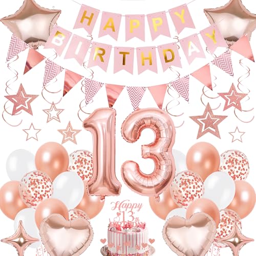 Xietaea Rosegold Geburtstagsdeko 13 Jahre Mädchen - 13 Geburtstag Deko Luftballons Happy Birthday Girlande Tortendeko, Zahl Ballons und Hängende Wirbel für 13. Geburtstagsfeier Dekoration von Xietaea