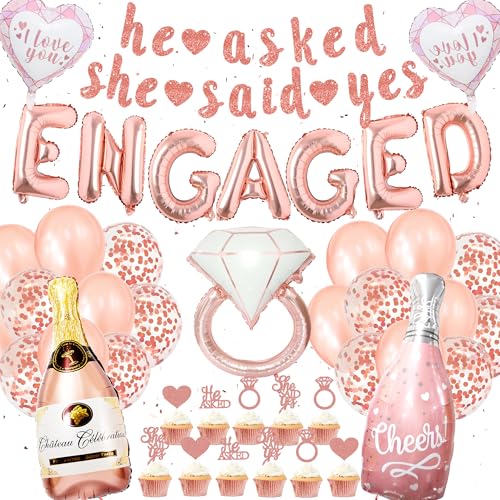 Xietaea Roségold Verlobung Deko Set - 60 Stück Engagement Dekoration mit 'Engaged' Folienballons Banner, Herzballons, Ring Luftballons für Verlobungsparty und Bachelorette Party von Xietaea