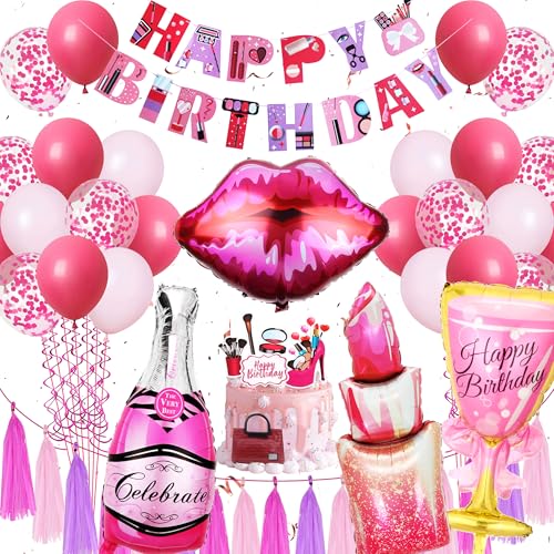 Xietaea Spa Party Zubehör Mädchen - Make Up Geburtstagsdeko, Happy Birthday Banner Lippenstift Luftballon Lippen Ballons Schminke Tortendeko und Quasten Girlande, Makeup Geburtstags Deko für Frauen von Xietaea