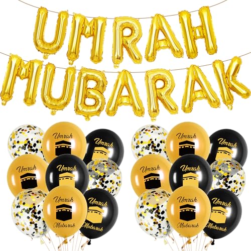 Xietaea Umrah Mubarak Deko Luftballons - 30 Stück Schwarz Gold Hajj Dekoration Ballons, Folienballons und Konfettiballons für Muslim Party Islamische Festival Dekorations von Xietaea