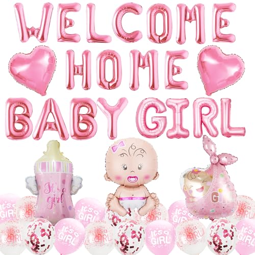 Xietaea Willkommen Zuhause Deko Mädchen - 40 Stück Willkommen Zuhause Baby mit Welcome Home Baby Girl Girlande, Luftballons Dekoration, Herzlich Willkommen Deko für Babyparty Deko Mädchen von Xietaea