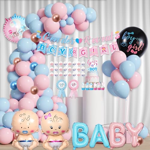 Xietaea Gender Reveal Party Deko - Boy or Girl Banner Baby Folienballons Rosa Blaue Luftballon Girlande Tortendeko Konfetti Abstimmung Aufkleber Set für Babyshower Babyparty Geschlecht Offenbaren von Xietaea