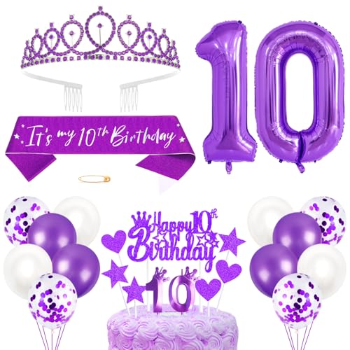 10. Geburtstagsdeko Mädchen Geburtstag Prinzessin Krone Königin Tiara Geburtstag Schärpe 10th Geburtstag Kuchen Toppers Zahl Kerzen Ballons Dekoration Set für 10 Jahre Alte Geburtstagsparty Zubehör von Xihuimay