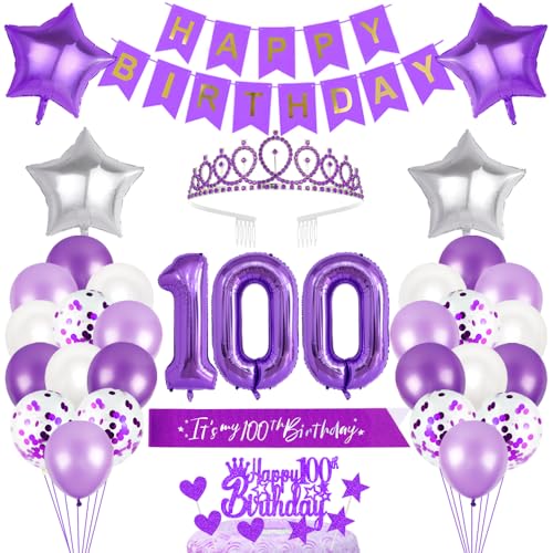 100. Geburtstagsdeko Mädchen Geburtstag Prinzessin Krone Geburtstag Schärpe Happy Birthday Banner Geburtstag Kuchen Toppers Zahl Ballons Dekoration Set für 100 Jahre Alte Geburtstagsparty Zubehör von Xihuimay