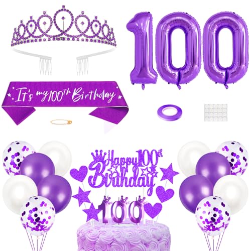 100. Geburtstagsdeko Mädchen Geburtstag Prinzessin Krone Königin Tiara Geburtstag Schärpe 100th Geburtstag Kuchen Toppers Zahl Kerzen Ballons Dekoration Set für 100 Jahre Alte Geburtstagsparty Zubehör von Xihuimay