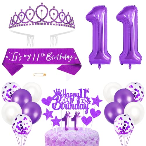 11. Geburtstagsdeko Mädchen Geburtstag Prinzessin Krone Königin Tiara Geburtstag Schärpe 11th Geburtstag Kuchen Toppers Zahl Kerzen Ballons Dekoration Set für 11 Jahre Alte Geburtstagsparty Zubehör von Xihuimay