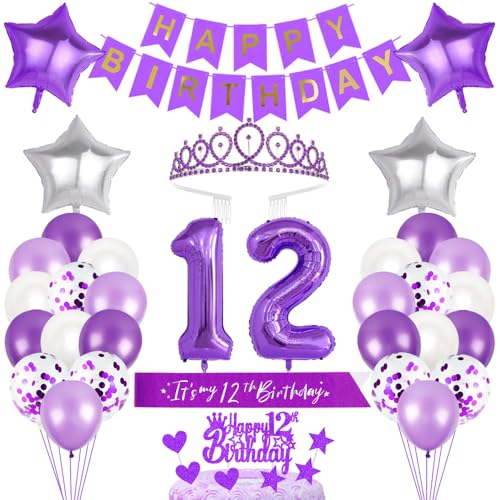 12. Geburtstagsdeko Mädchen Geburtstag Prinzessin Krone Geburtstag Schärpe Happy Birthday Banner 12th Geburtstag Kuchen Toppers Zahl Ballons Dekoration Set für 12 Jahre Alte Geburtstagsparty Zubehör von Xihuimay