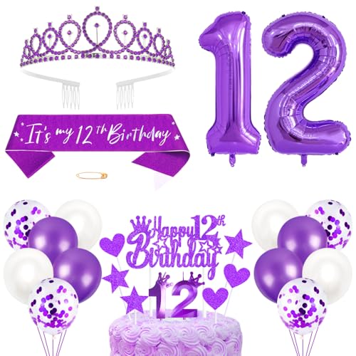 12. Geburtstagsdeko Mädchen Geburtstag Prinzessin Krone Königin Tiara Geburtstag Schärpe 12th Geburtstag Kuchen Toppers Zahl Kerzen Ballons Dekoration Set für 12 Jahre Alte Geburtstagsparty Zubehör von Xihuimay