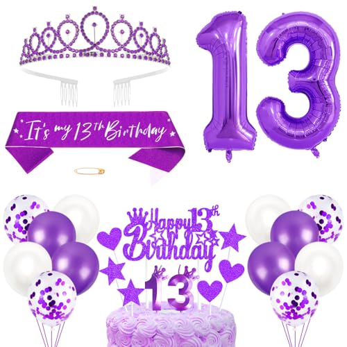 13. Geburtstagsdeko Mädchen Geburtstag Prinzessin Krone Königin Tiara Geburtstag Schärpe 13th Geburtstag Kuchen Toppers Zahl Kerzen Ballons Dekoration Set für 13 Jahre Alte Geburtstagsparty Zubehör von Xihuimay