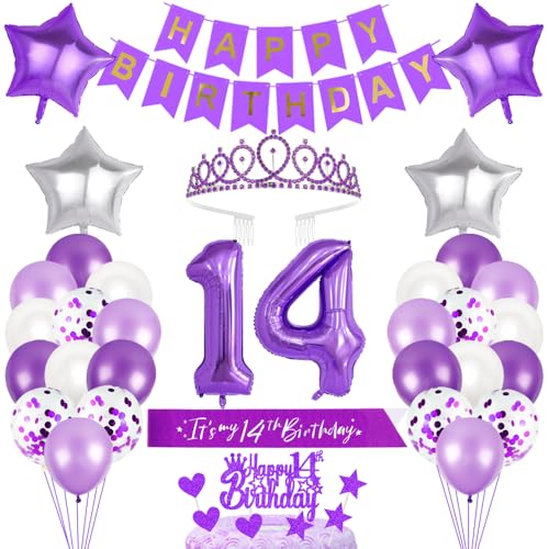 14. Geburtstagsdeko Mädchen Geburtstag Prinzessin Krone Geburtstag Schärpe Happy Birthday Banner 14th Geburtstag Kuchen Toppers Zahl Ballons Dekoration Set für 14 Jahre Alte Geburtstagsparty Zubehör von Xihuimay