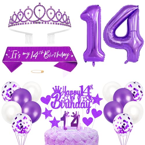 14. Geburtstagsdeko Mädchen Geburtstag Prinzessin Krone Königin Tiara Geburtstag Schärpe 14th Geburtstag Kuchen Toppers Zahl Kerzen Ballons Dekoration Set für 14 Jahre Alte Geburtstagsparty Zubehör von Xihuimay