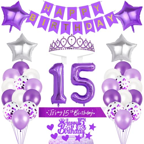 15. Geburtstagsdeko Mädchen Geburtstag Prinzessin Krone Geburtstag Schärpe Happy Birthday Banner 15th Geburtstag Kuchen Toppers Zahl Ballons Dekoration Set für 15 Jahre Alte Geburtstagsparty Zubehör von Xihuimay