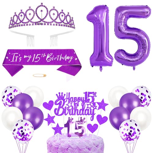 15. Geburtstagsdeko Mädchen Geburtstag Prinzessin Krone Königin Tiara Geburtstag Schärpe 15th Geburtstag Kuchen Toppers Zahl Kerzen Ballons Dekoration Set für 15 Jahre Alte Geburtstagsparty Zubehör von Xihuimay