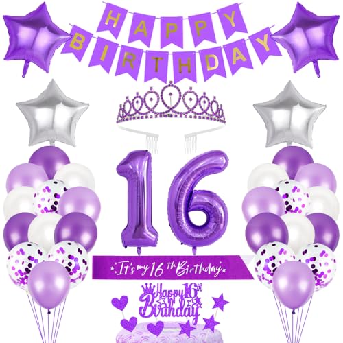 16. Geburtstagsdeko Mädchen Geburtstag Prinzessin Krone Geburtstag Schärpe Happy Birthday Banner 16th Geburtstag Kuchen Toppers Zahl Ballons Dekoration Set für 16 Jahre Alte Geburtstagsparty Zubehör von Xihuimay