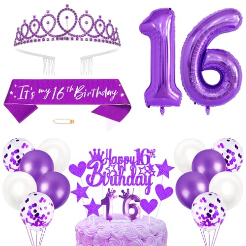 16. Geburtstagsdeko Mädchen Geburtstag Prinzessin Krone Königin Tiara Geburtstag Schärpe 16th Geburtstag Kuchen Toppers Zahl Kerzen Ballons Dekoration Set für 16 Jahre Alte Geburtstagsparty Zubehör von Xihuimay