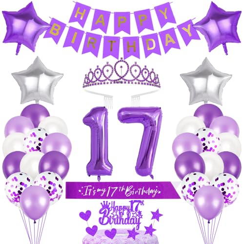 17. Geburtstagsdeko Mädchen Geburtstag Prinzessin Krone Geburtstag Schärpe Happy Birthday Banner 17th Geburtstag Kuchen Toppers Zahl Ballons Dekoration Set für 17 Jahre Alte Geburtstagsparty Zubehör von Xihuimay