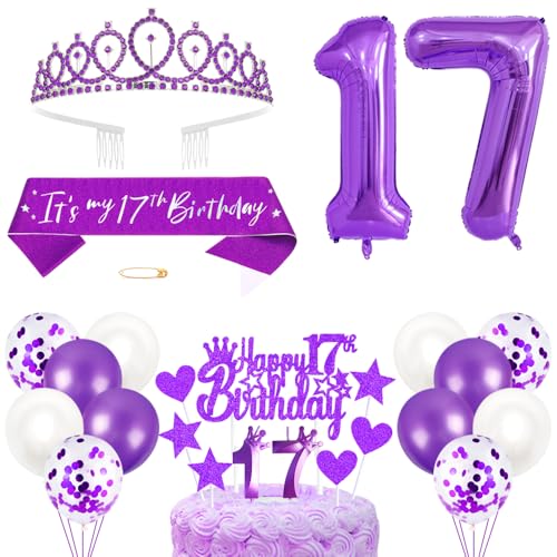 17. Geburtstagsdeko Mädchen Geburtstag Prinzessin Krone Königin Tiara Geburtstag Schärpe 17th Geburtstag Kuchen Toppers Zahl Kerzen Ballons Dekoration Set für 17 Jahre Alte Geburtstagsparty Zubehör von Xihuimay