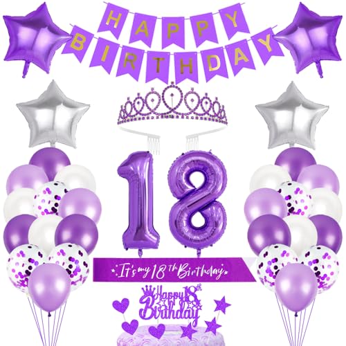 18. Geburtstagsdeko Mädchen Geburtstag Prinzessin Krone Geburtstag Schärpe Happy Birthday Banner 18th Geburtstag Kuchen Toppers Zahl Ballons Dekoration Set für 18 Jahre Alte Geburtstagsparty Zubehör von Xihuimay