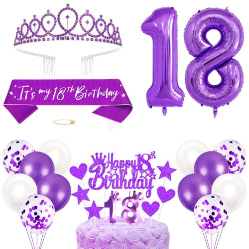 18. Geburtstagsdeko Mädchen Geburtstag Prinzessin Krone Königin Tiara Geburtstag Schärpe 18th Geburtstag Kuchen Toppers Zahl Kerzen Ballons Dekoration Set für 18 Jahre Alte Geburtstagsparty Zubehör von Xihuimay