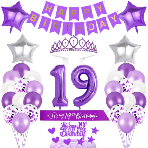 19. Geburtstagsdeko Mädchen Geburtstag Prinzessin Krone Geburtstag Schärpe Happy Birthday Banner 19th Geburtstag Kuchen Toppers Zahl Ballons Dekoration Set für 19 Jahre Alte Geburtstagsparty Zubehör von Xihuimay